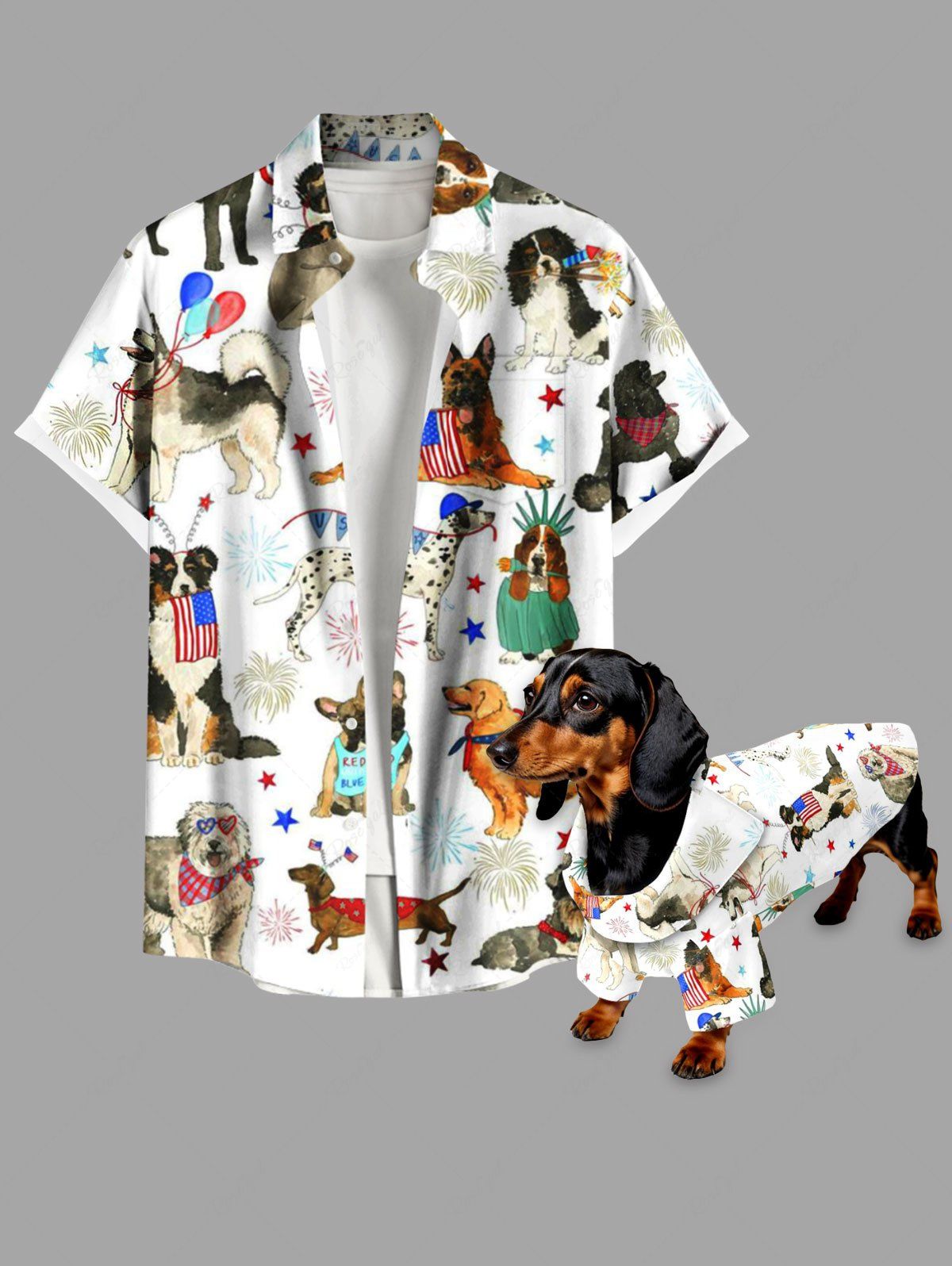 Colorful Puppy Patriotic American Flag Fireworks Print Shirt Dog And Owner Matching Outfits