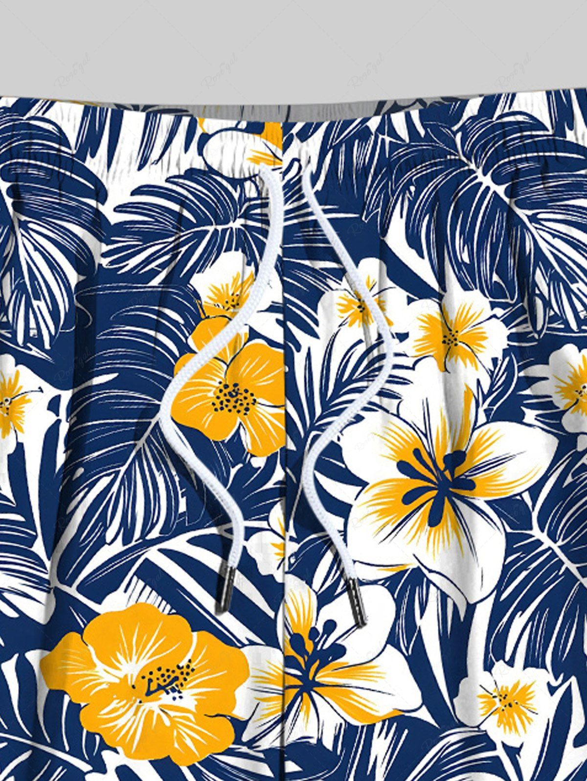Plus Size Tropical Leaves Hibiscus Floral Printed Hawaii Drawstring Beach Shorts For Men
