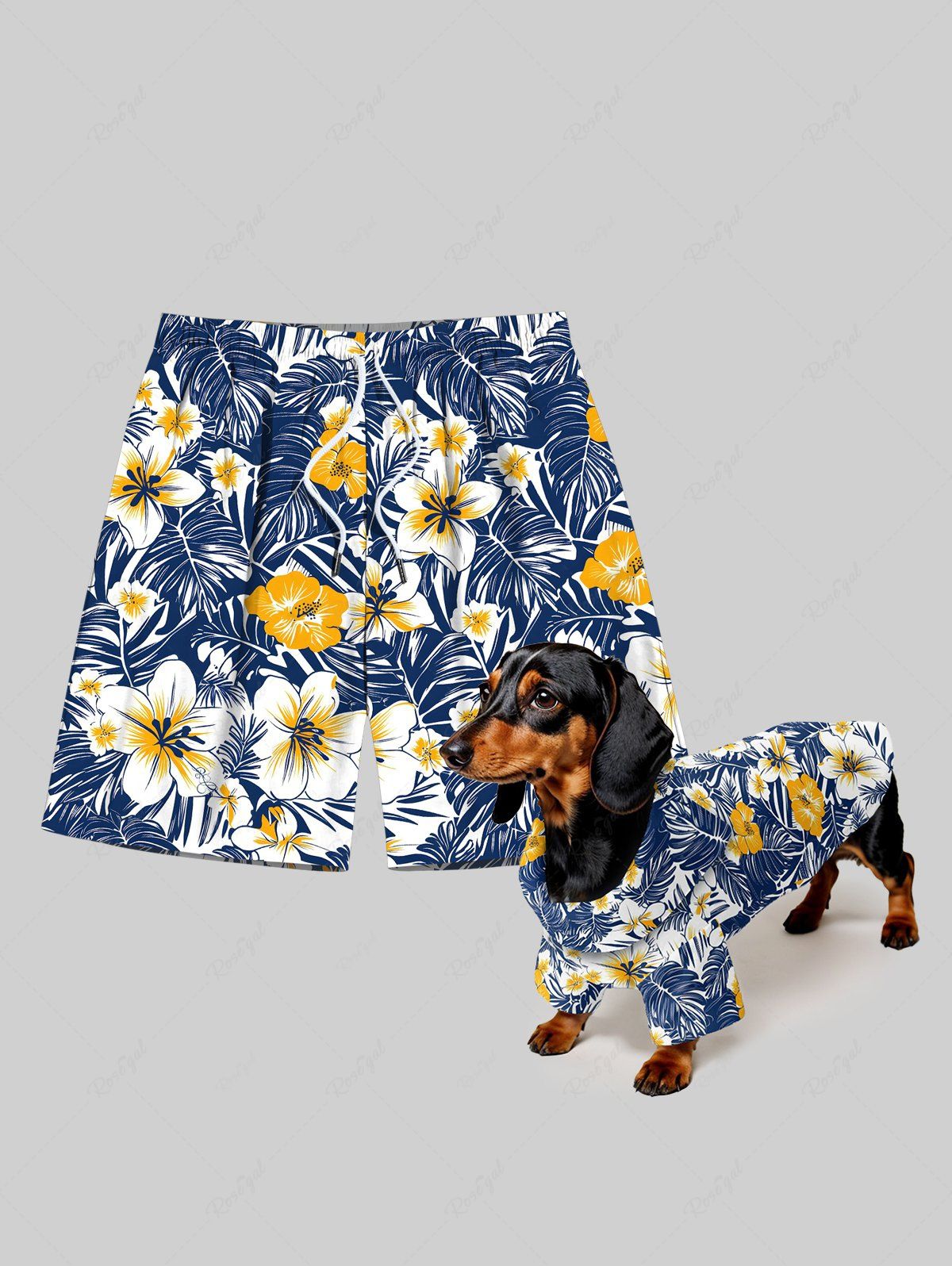 Tropical Leaves Hibiscus Floral Print Hawaii Shorts Shirt Dog And Owner Matching Outfits