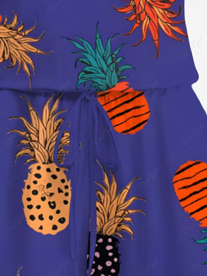 Plus Size Colorful Pineapple Printed Hawaii Drawstring Pocket Romper