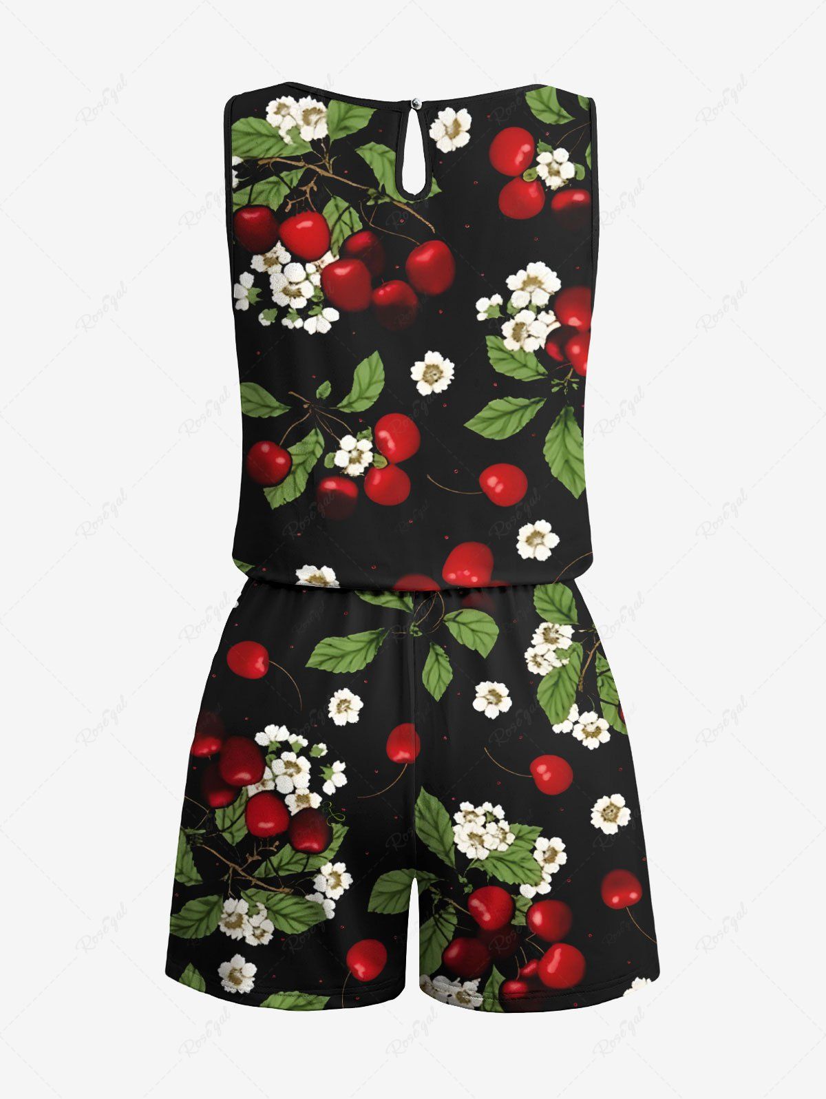 Plus Size Floral Leaves Cherry Printed Hawaii Drawstring Pocket Romper