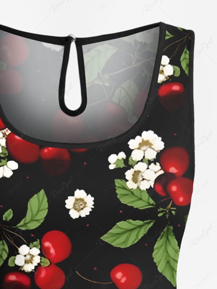 Plus Size Floral Leaves Cherry Printed Hawaii Drawstring Pocket Romper