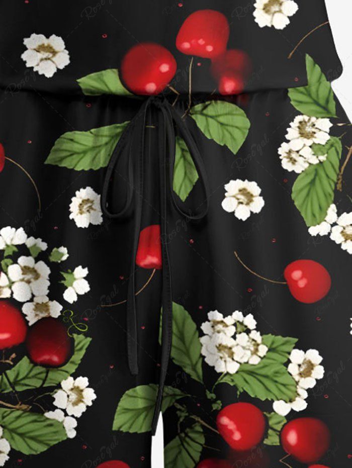Plus Size Floral Leaves Cherry Printed Hawaii Drawstring Pocket Romper