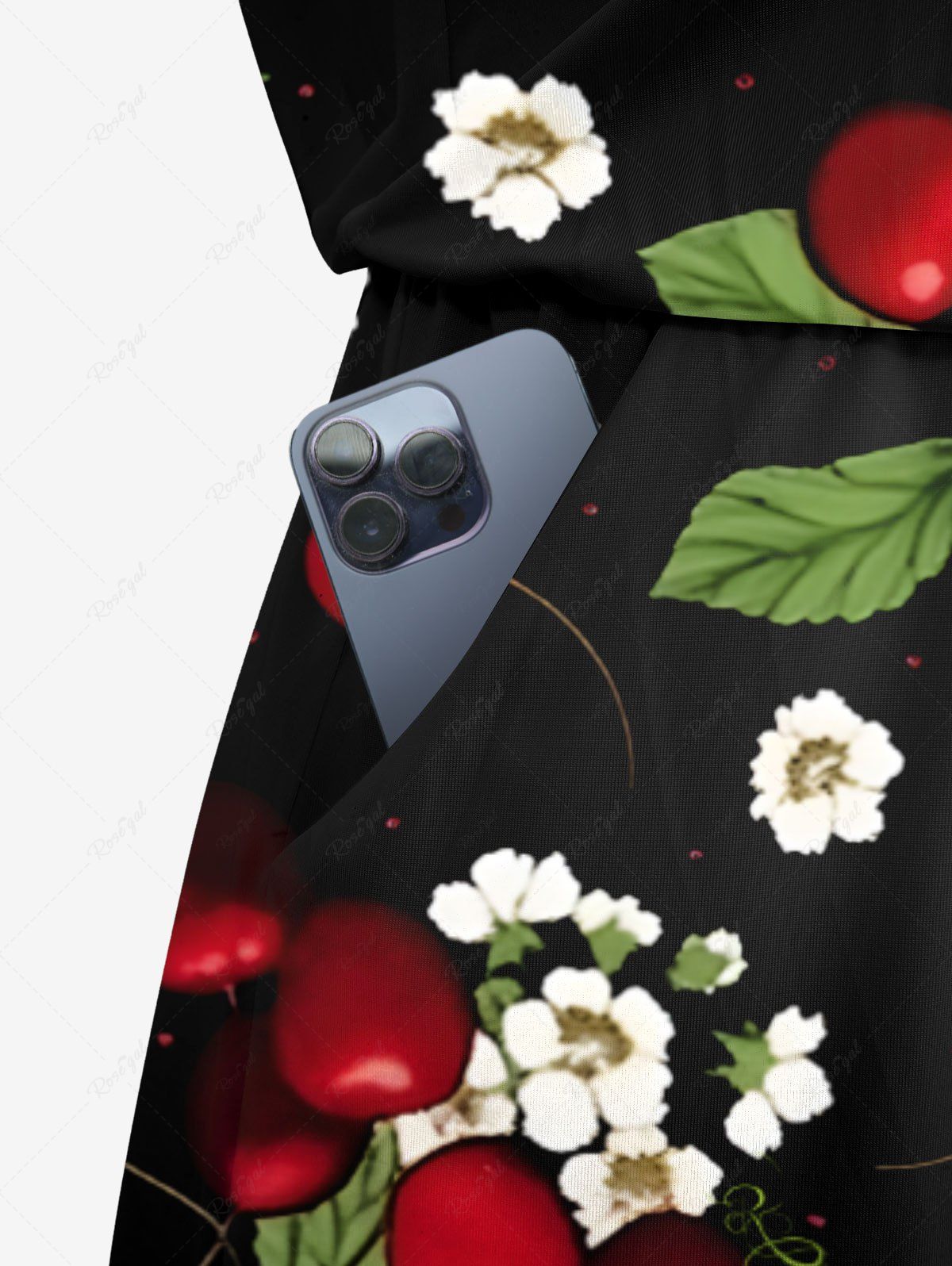 Plus Size Floral Leaves Cherry Printed Hawaii Drawstring Pocket Romper