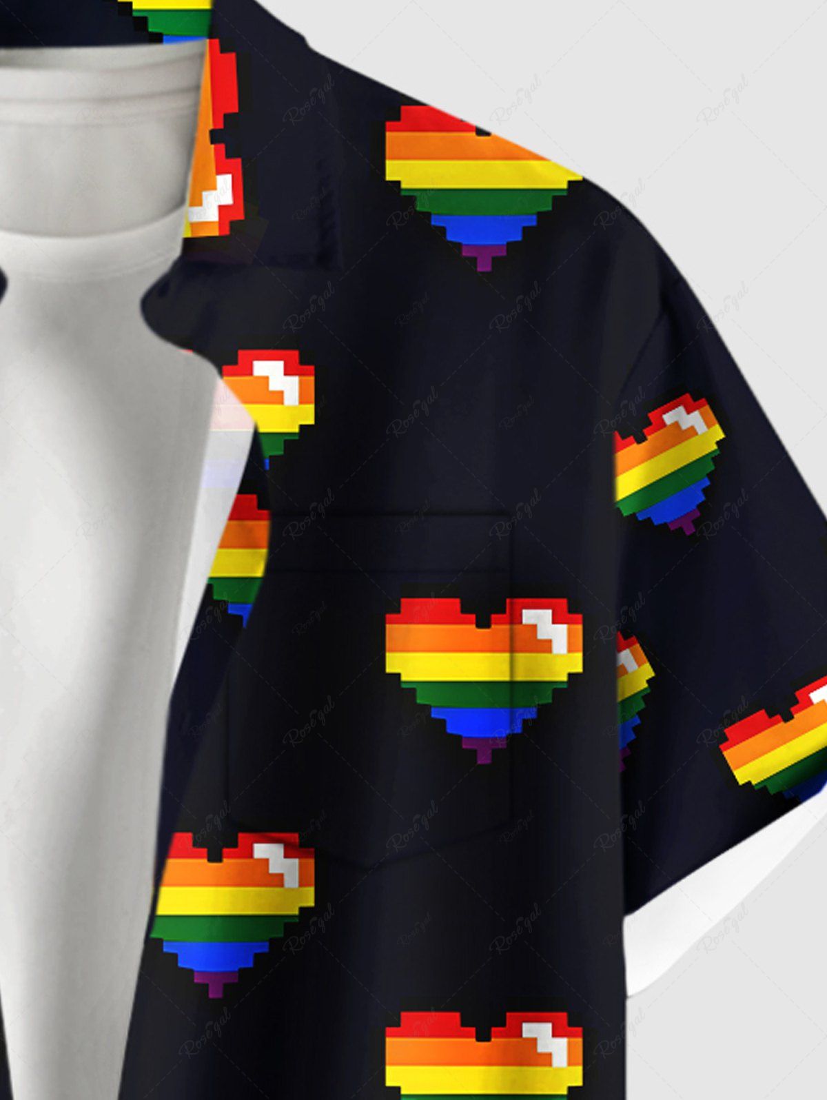 Plus Size Rainbow Heart Printed Buttons Pocket Shirt For Men