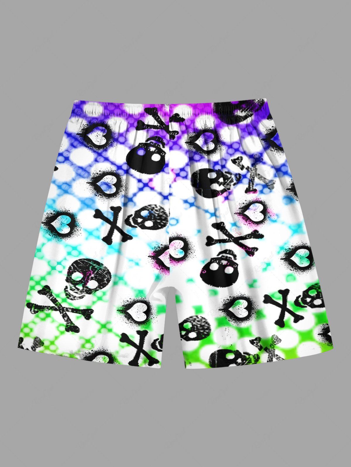 Plus Size Skull Bone Heart Ombre Plaid Print Drawstring Beach Shorts For Men
