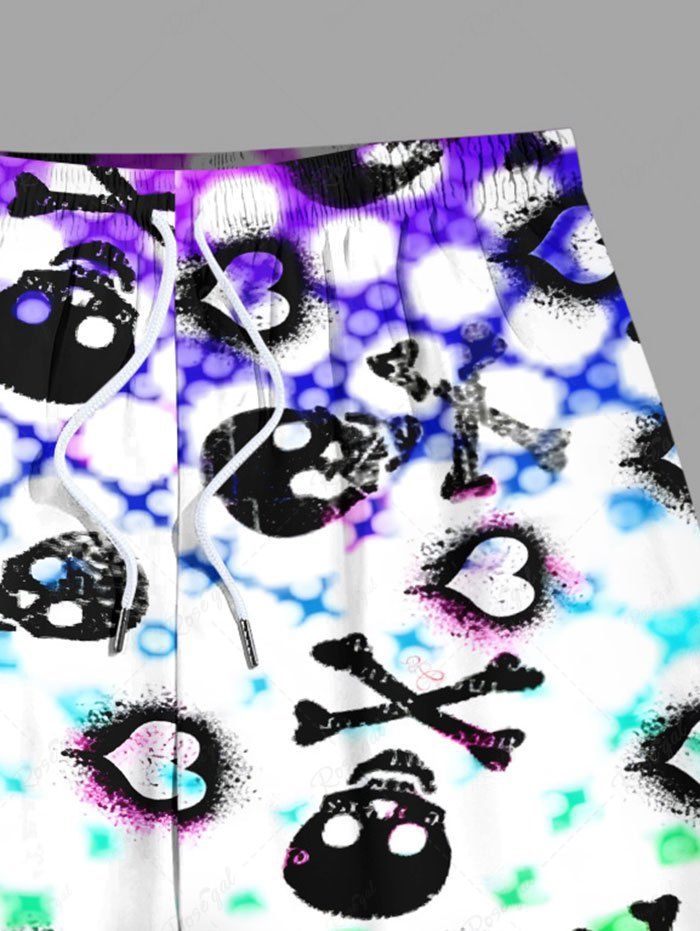 Plus Size Skull Bone Heart Ombre Plaid Print Drawstring Beach Shorts For Men
