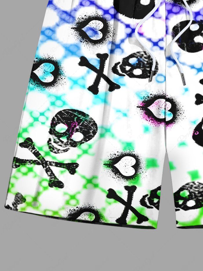 Plus Size Skull Bone Heart Ombre Plaid Print Drawstring Beach Shorts For Men