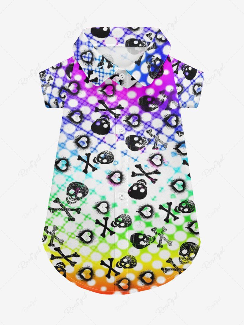 Pet's Skull Bone Heart Ombre Plaid Print Hawaii Button Shirt