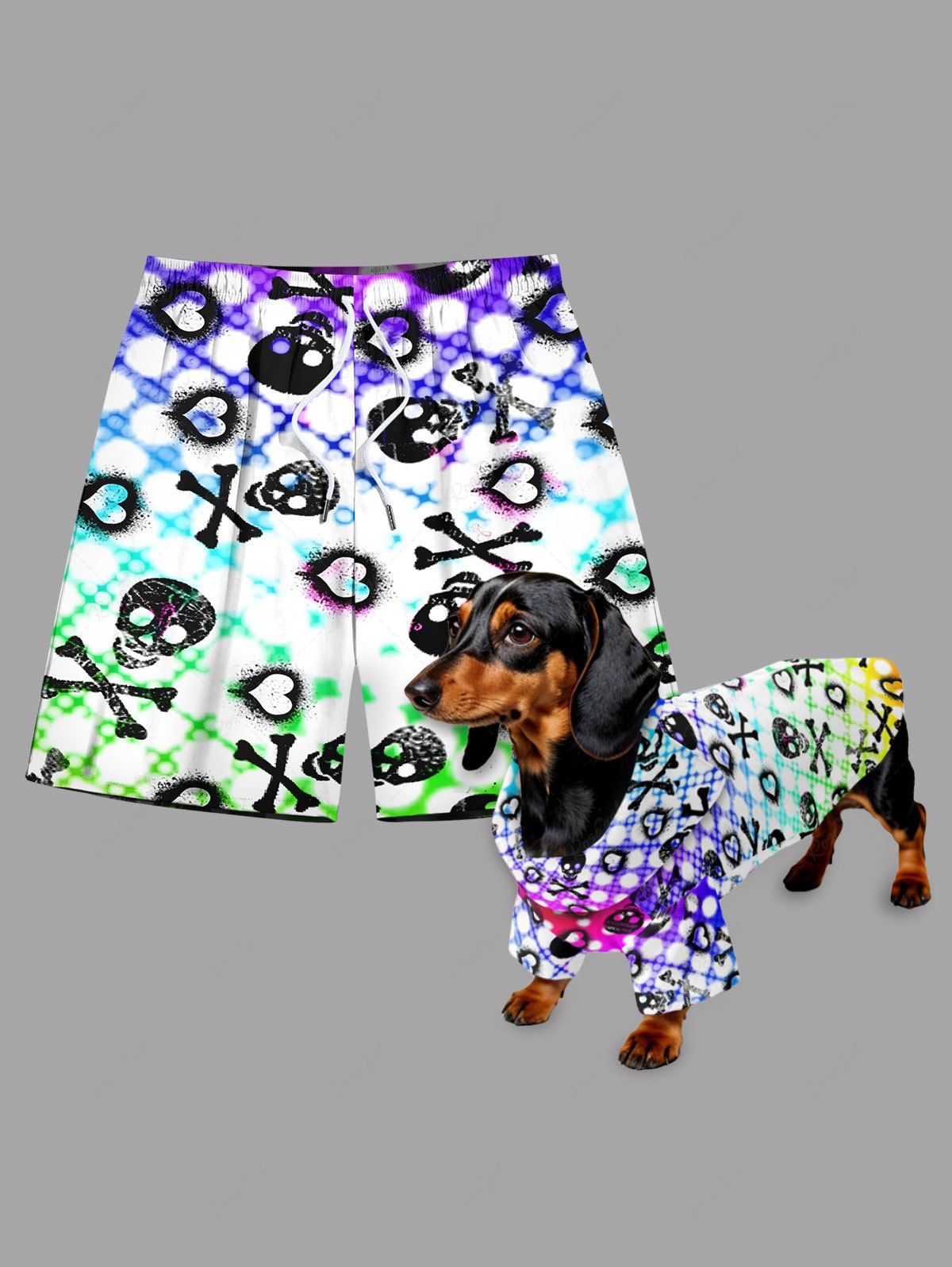 Skull Bone Heart Ombre Plaid Printed Hawaii Shirt Shorts Dog And Owner Matching Outfits