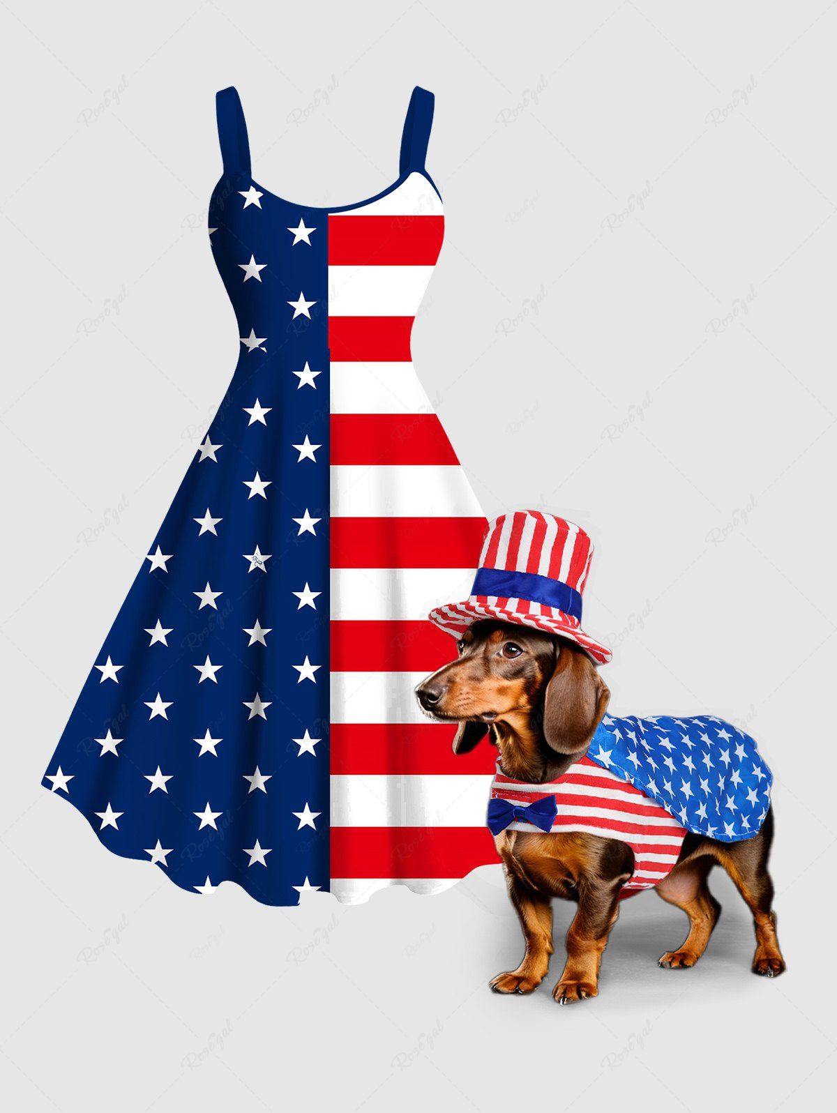 Patriotic American Flag Print Bowknot Coat With Hat and Tank Dress Dog and Owner Matching Outfits