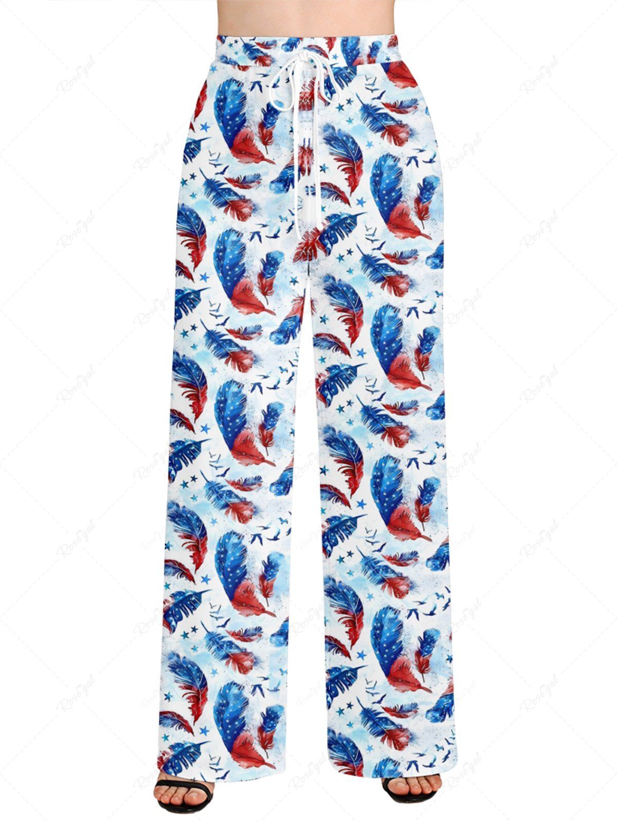 Plus Size Ombre Patriotic American Flag Feather Printed Drawstring Wide Leg Pants