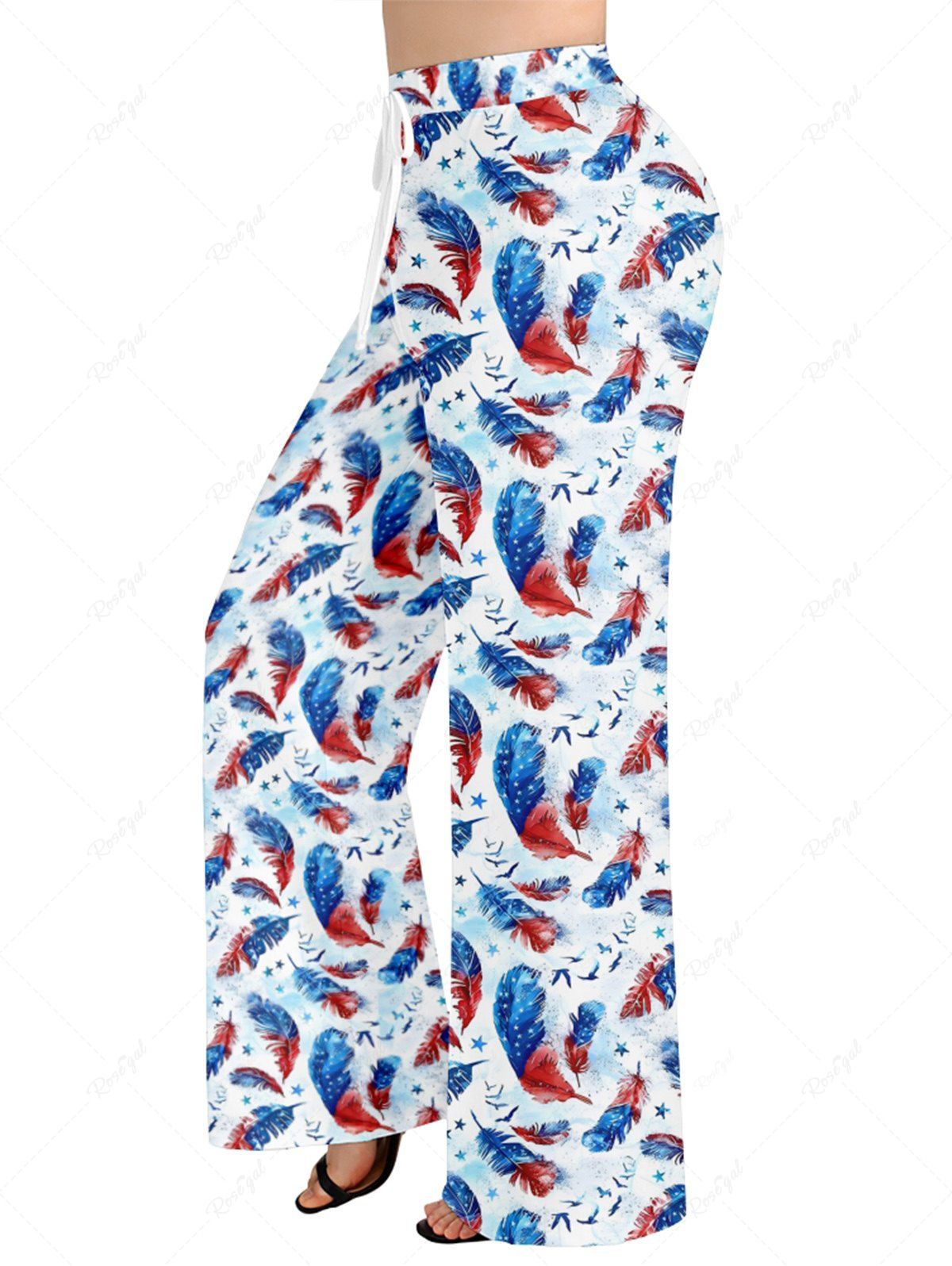 Plus Size Ombre Patriotic American Flag Feather Printed Drawstring Wide Leg Pants