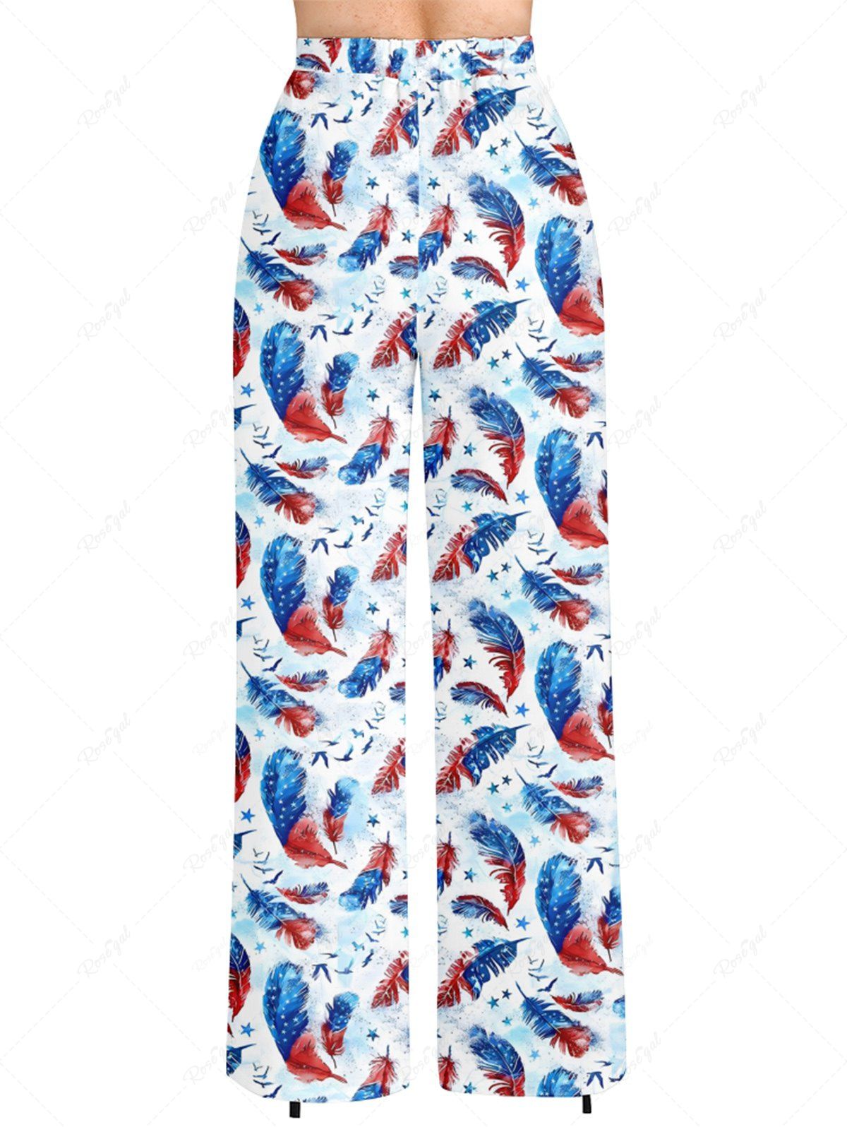 Plus Size Ombre Patriotic American Flag Feather Printed Drawstring Wide Leg Pants