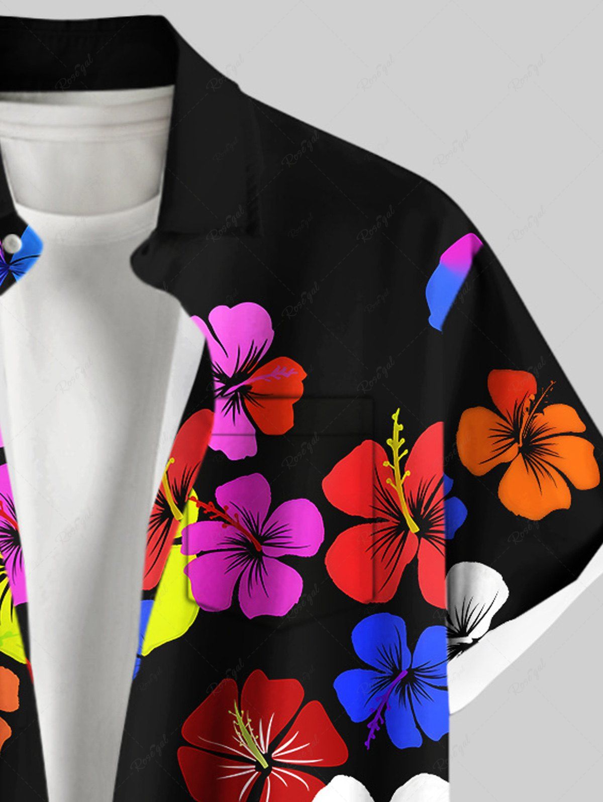Plus Size Colorful Hibiscus Floral Print Hawaii Button Pocket Shirt For Men