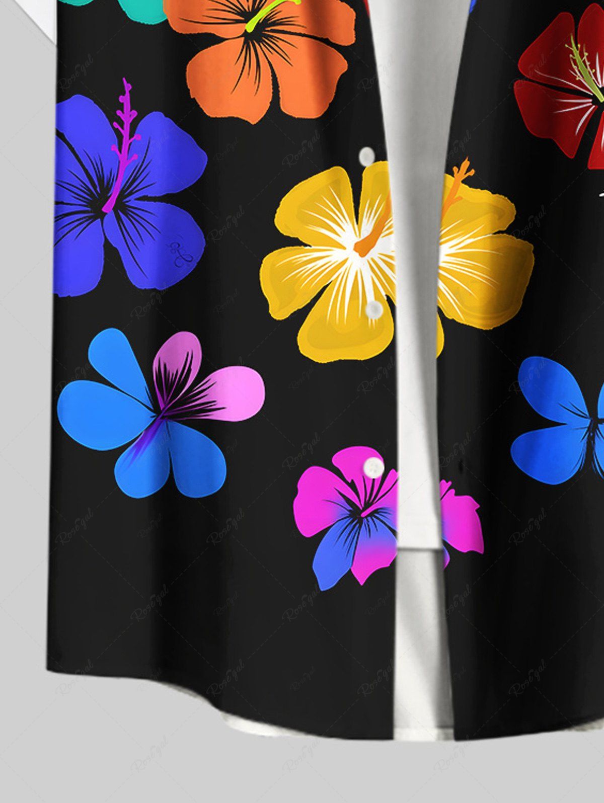 Plus Size Colorful Hibiscus Floral Print Hawaii Button Pocket Shirt For Men