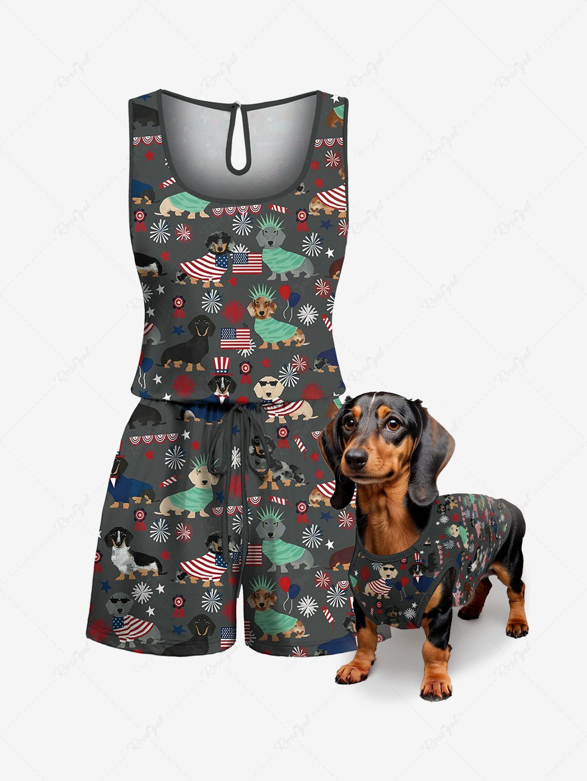 Patriotic American Flag Dogs Print Tank Top and Romper Dog and Owner Matching Outfits