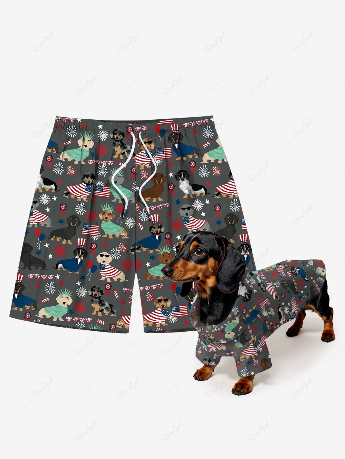 Patriotic American Flag Dogs Star Snowflake Print Shirt and Beach Shorts Dog and Owner Matching Outfits