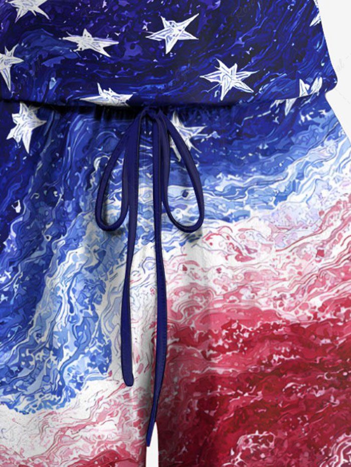 Plus Size Patriotic American Flag Painting Print Drawstring Pocket Romper