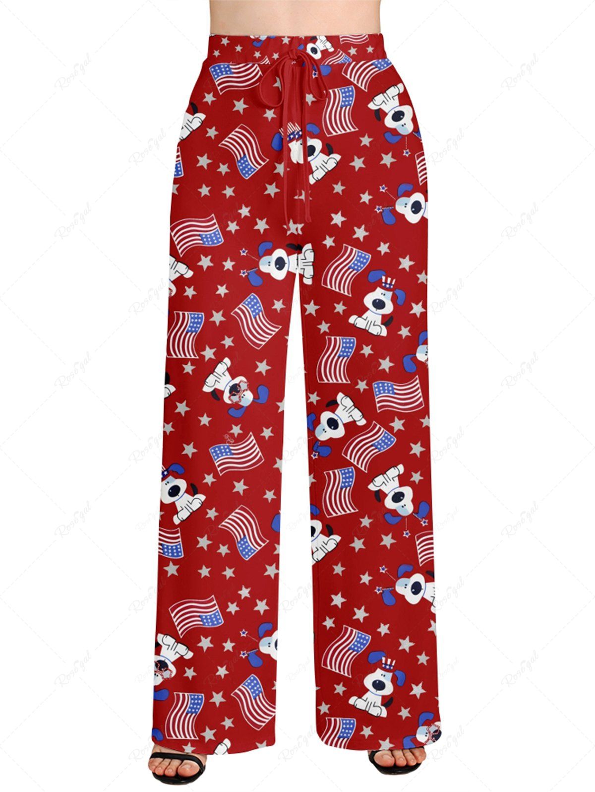 Plus Size Patriotic American Flag Dogs Star Print Drawstring Wide Leg Pants