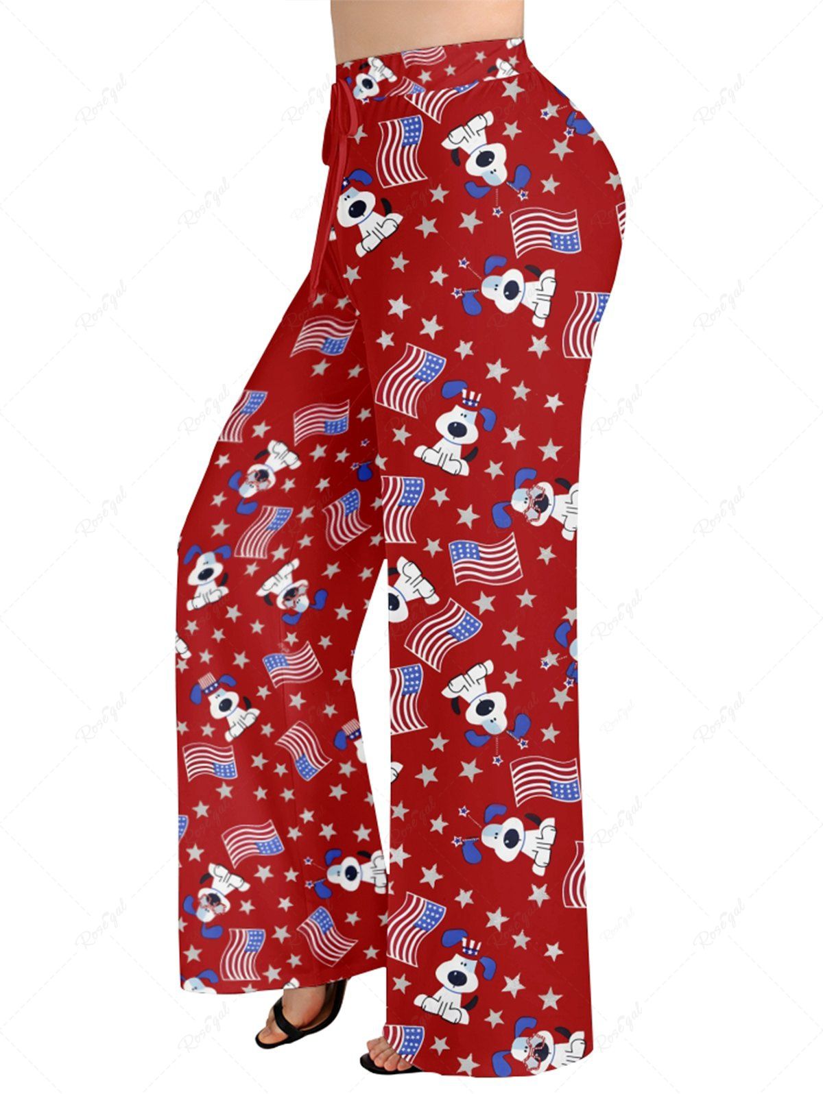 Plus Size Patriotic American Flag Dogs Star Print Drawstring Wide Leg Pants