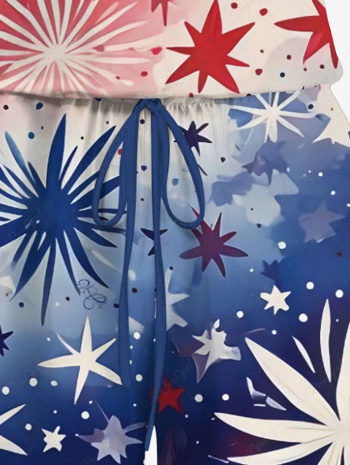 Plus Size Tie Dye Ombre Patriotic American Flag Fireworks Print Drawstring Pocket Romper