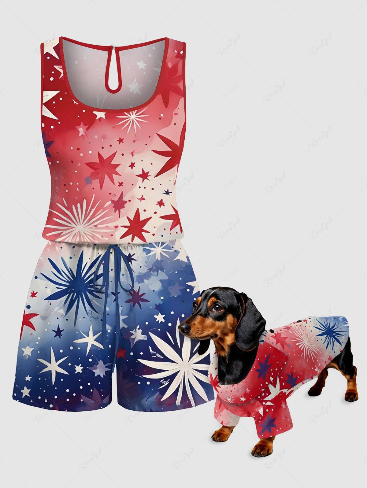 Tie Dye Ombre Patriotic American Flag Fireworks Printed Shirt Romper Dog And Owner Matching Outfits