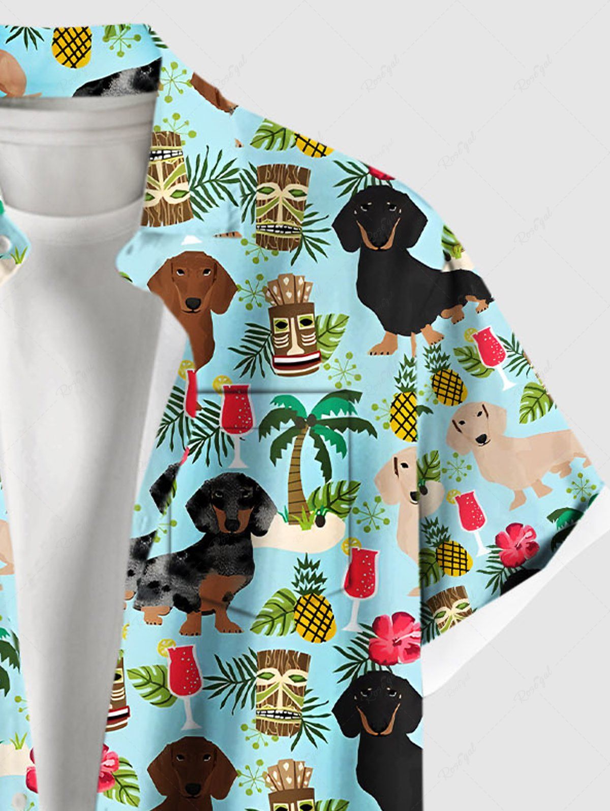 Plus Size Dogs Coconut Tree Hibiscus Flowers Pineapple Print Buttons Pocket Hawaii Shirt For Men