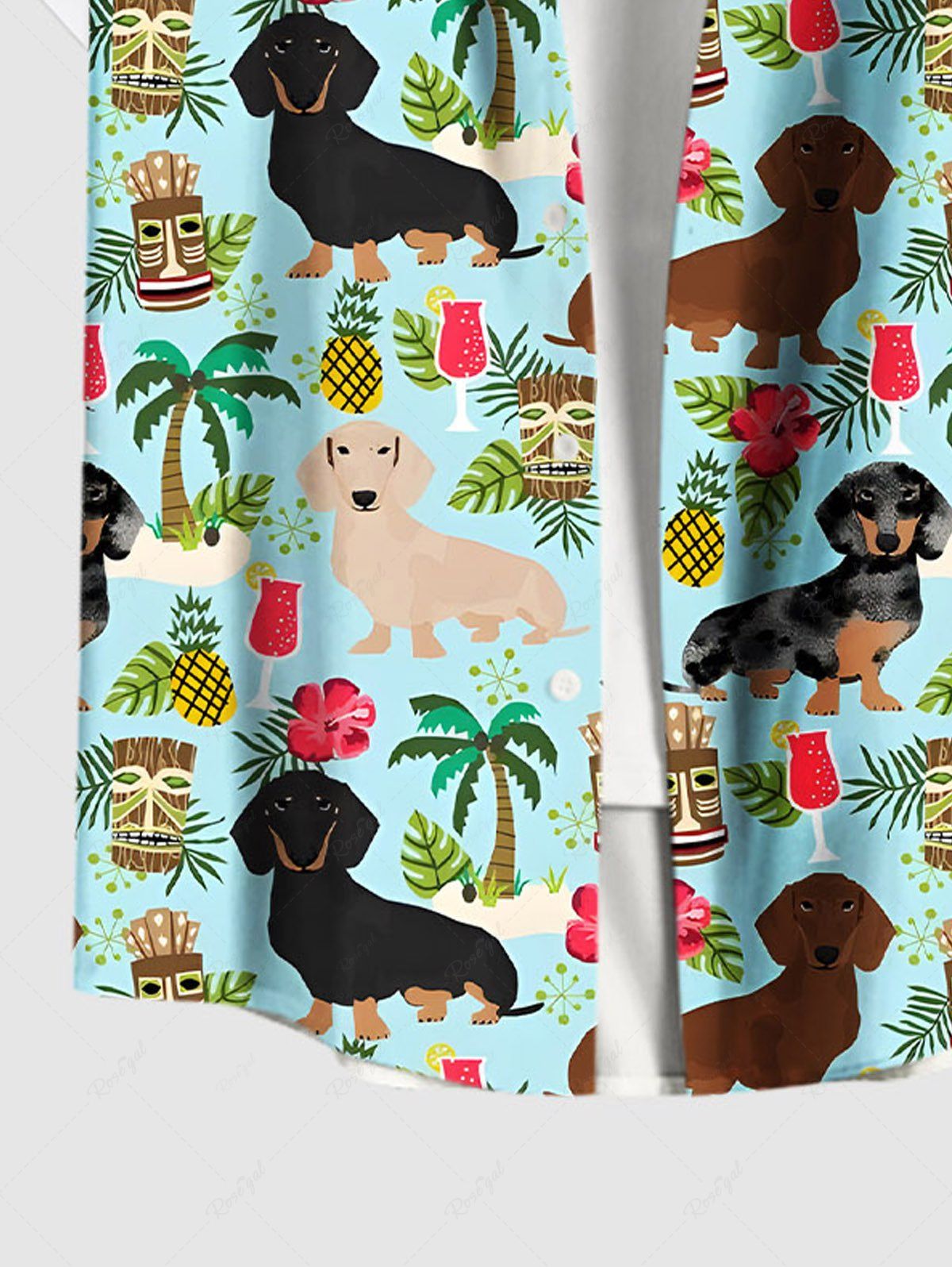 Plus Size Dogs Coconut Tree Hibiscus Flowers Pineapple Print Buttons Pocket Hawaii Shirt For Men
