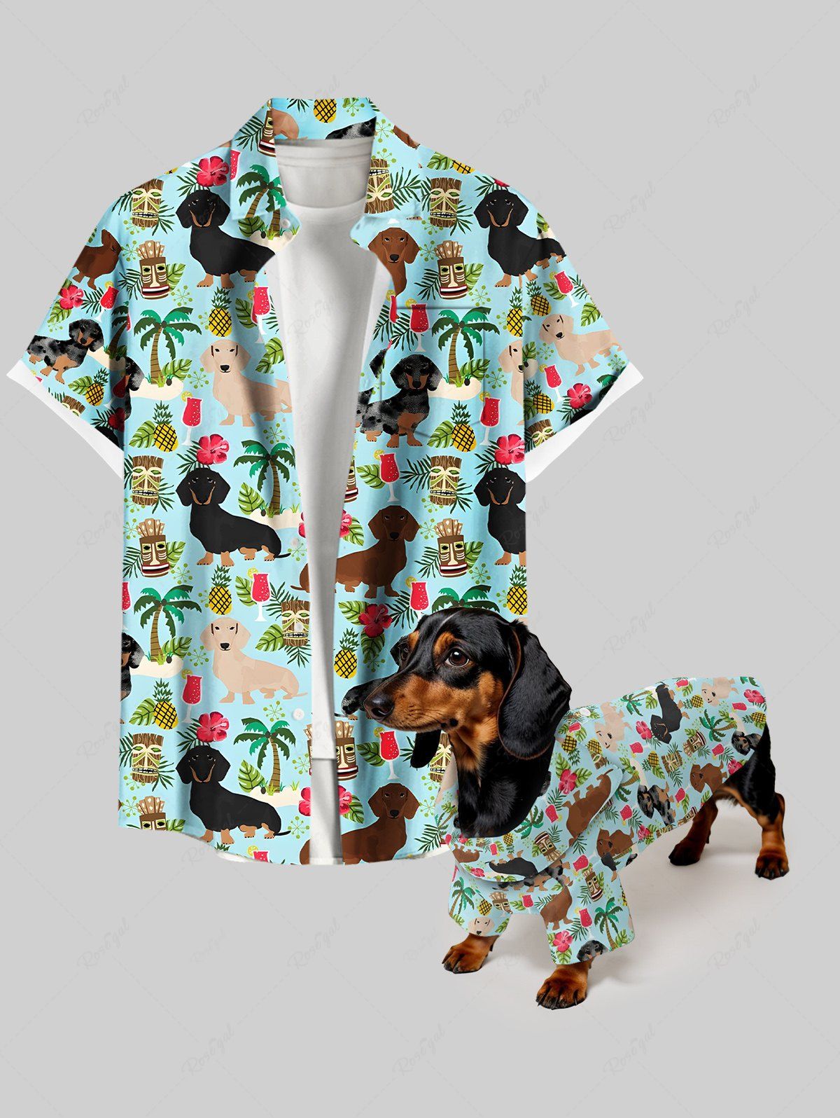 Dogs Coconut Tree Hibiscus Flowers Pineapple Print Hawaii Shirts Dog and Owner Matching Outfits