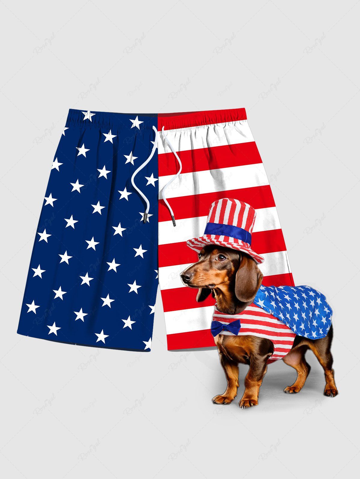 Patriotic American Flag Print Bowknot Coat With Hat and Beach Shorts Dog and Owner Matching Outfits