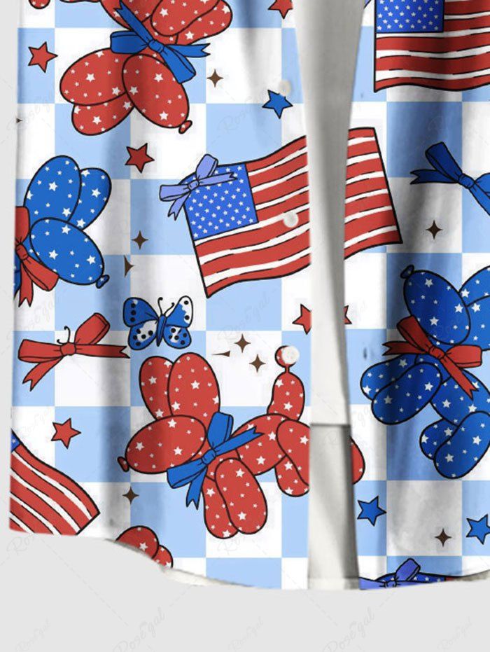 Plus Size Patriotic American Flag Dog Balloon Geometric Plaid Butterfly Print Button Pocket Shirt For Men