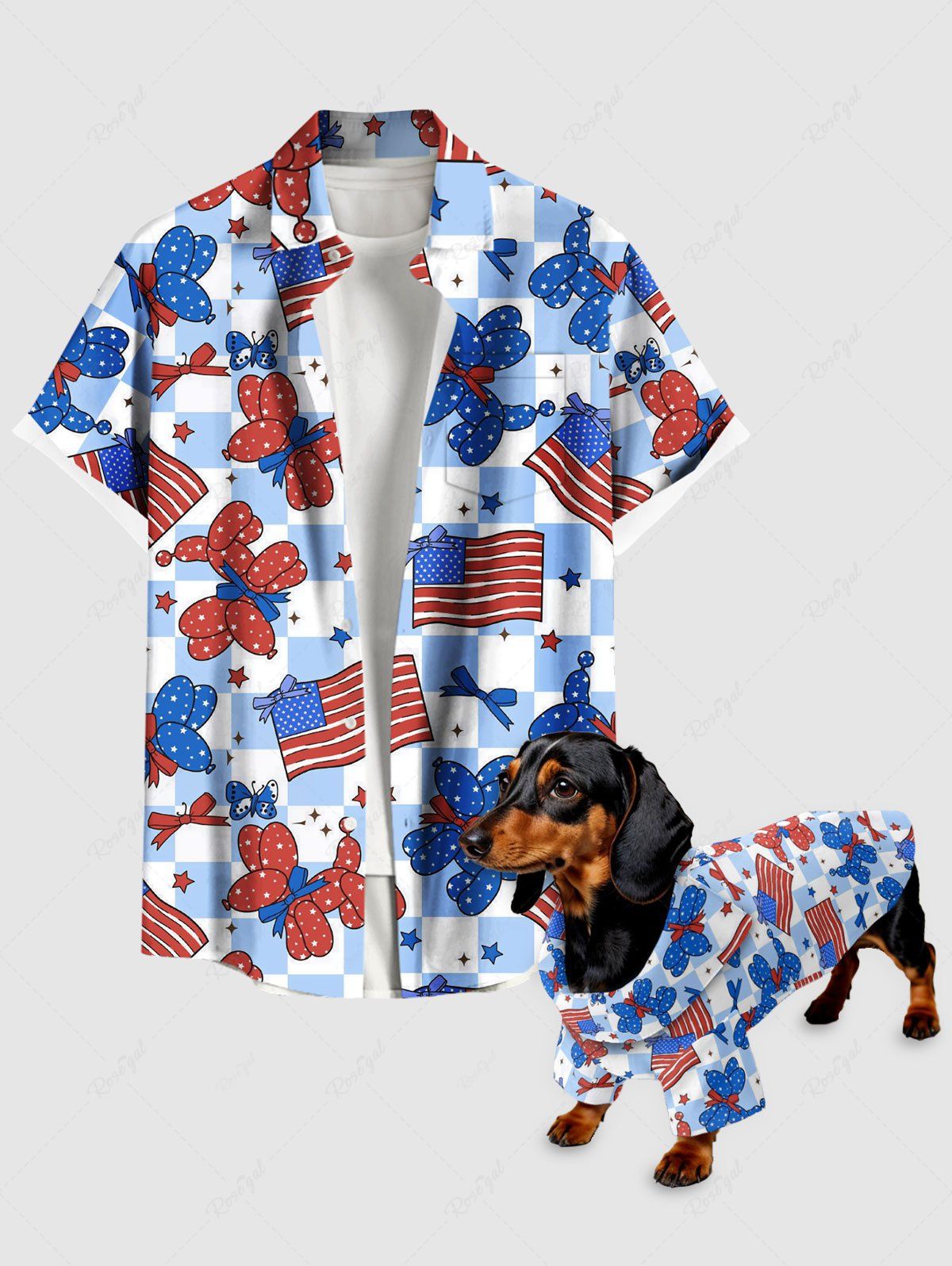 Patriotic American Flag Puppy Balloon Geometric Plaid Butterfly Printed Shirt Dog And Owner Matching Outfits