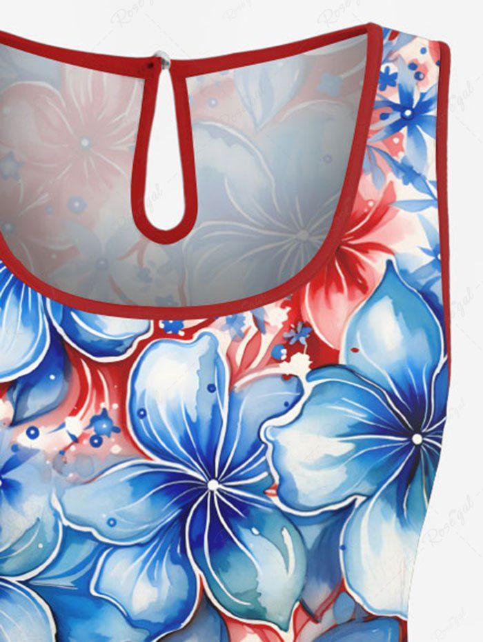Plus Size Patriotic American Flag Floral Print Hawaii Drawstring Pocket Romper