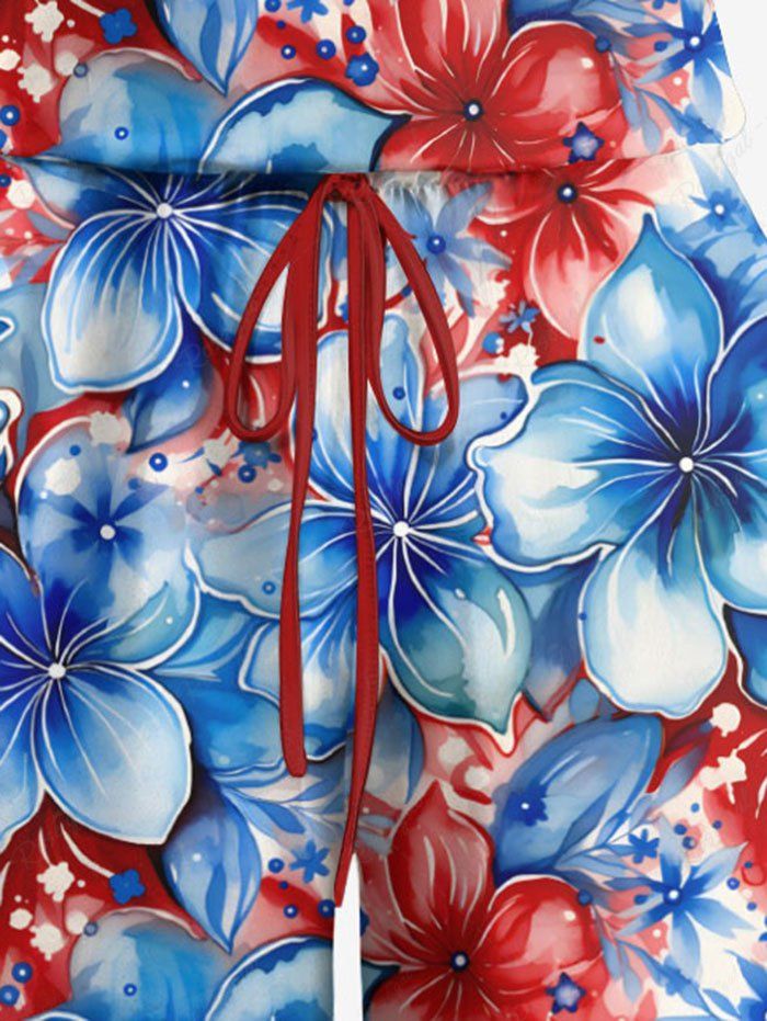 Plus Size Patriotic American Flag Floral Print Hawaii Drawstring Pocket Romper