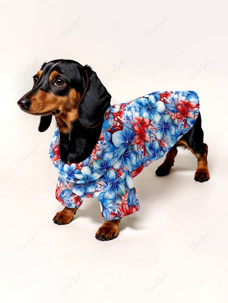Pet's Patriotic American Flag Floral Print Hawaii Button Shirt