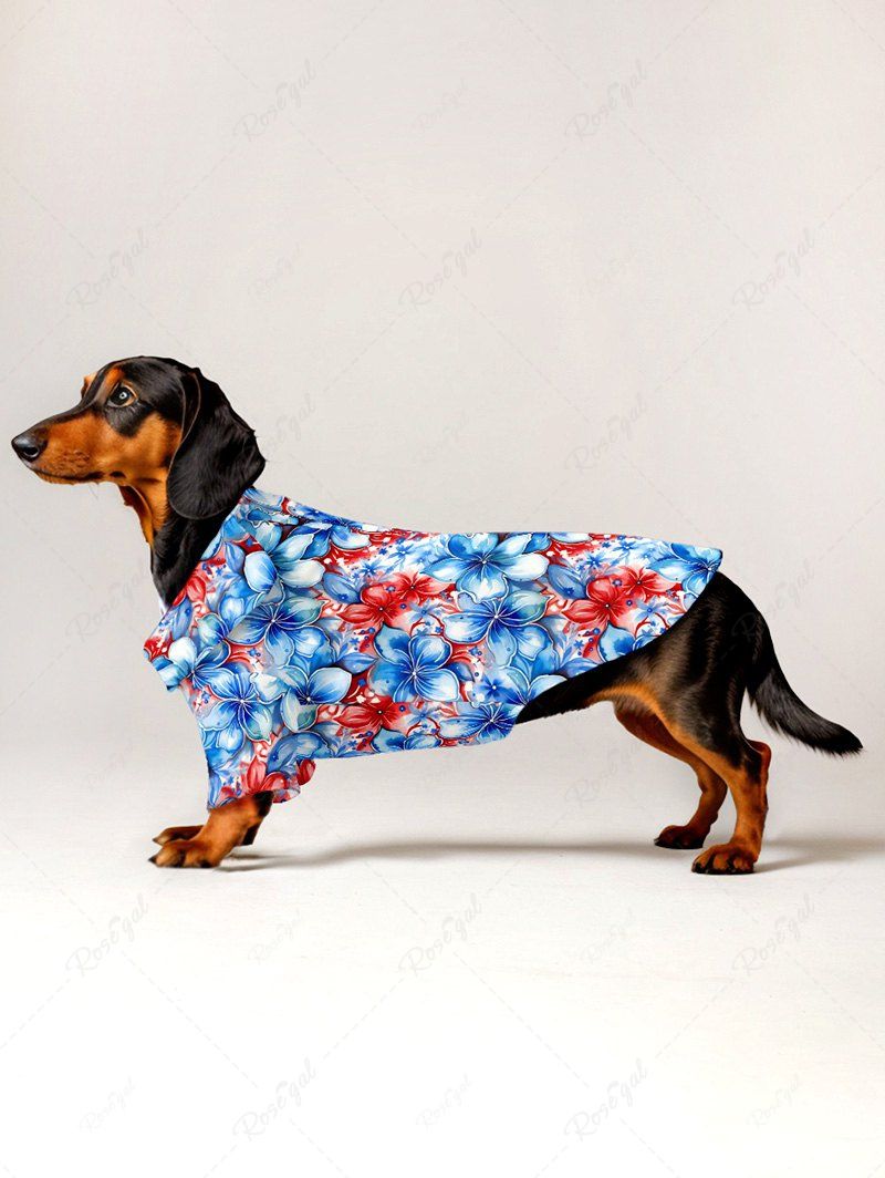 Pet's Patriotic American Flag Floral Print Hawaii Button Shirt