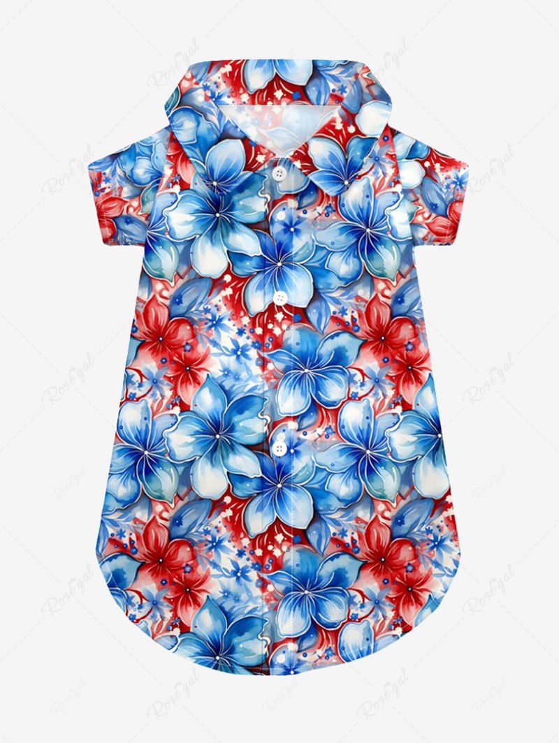Pet's Patriotic American Flag Floral Print Hawaii Button Shirt