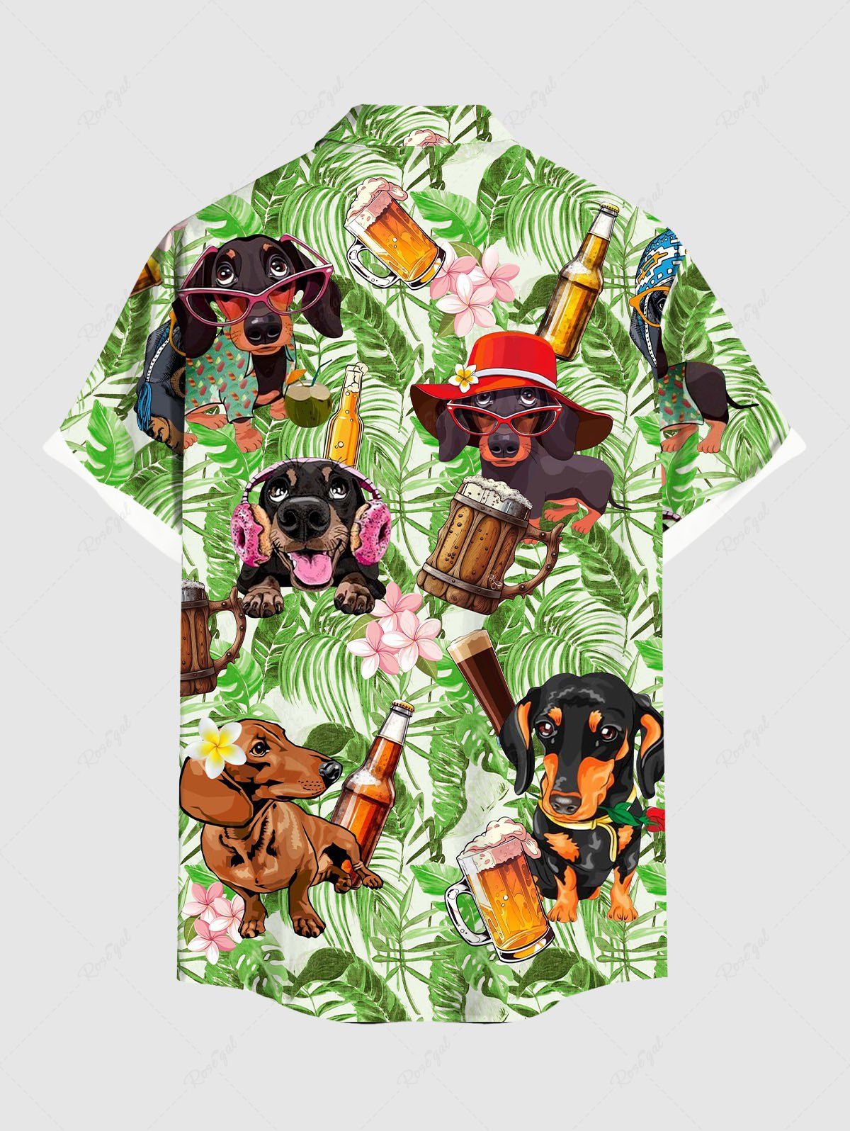 Plus Size Dogs Beer Hibiscus Flowers Tropical Leaf Print Buttons Pocket Hawaii Shirt For Men