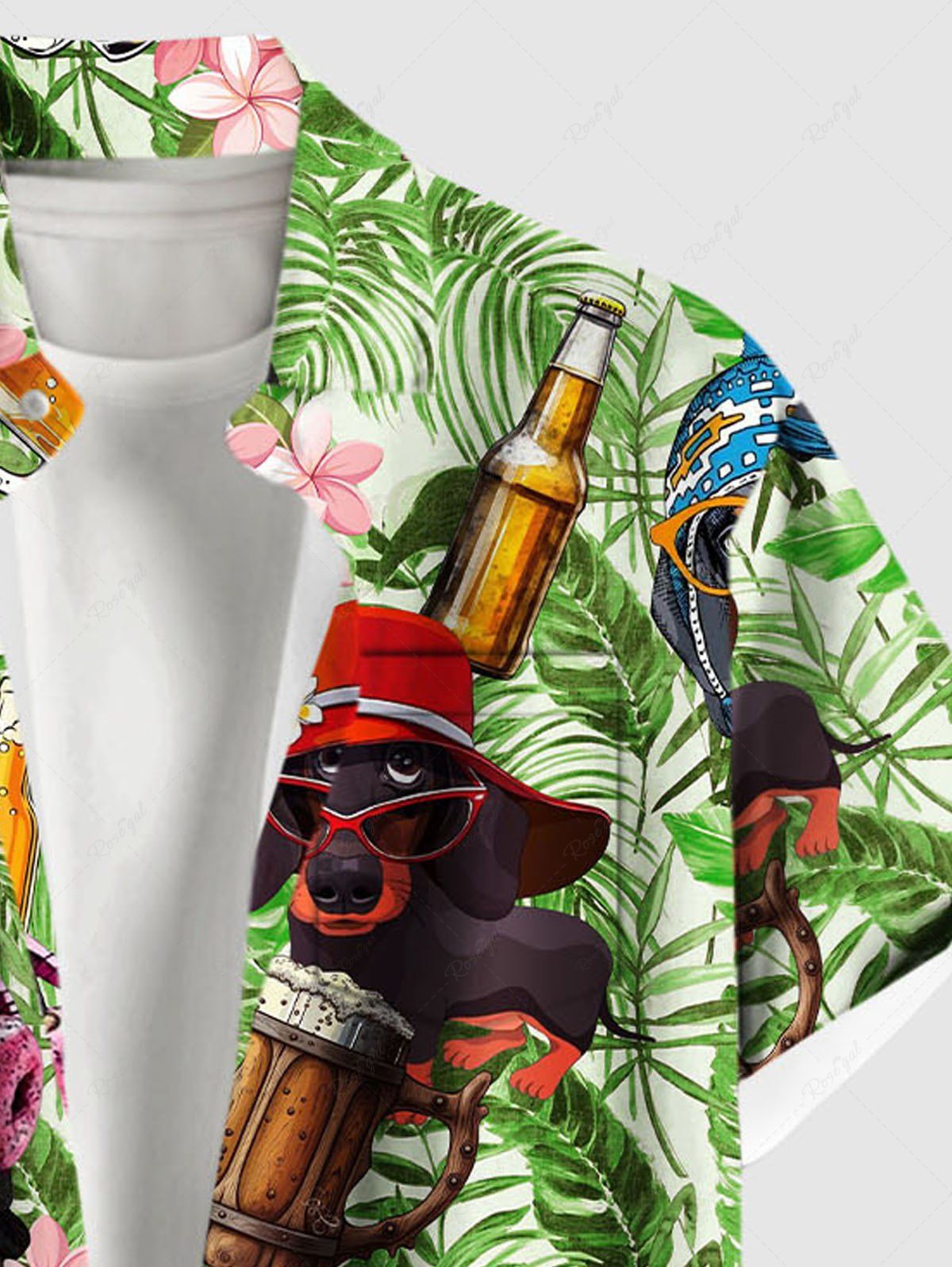 Plus Size Dogs Beer Hibiscus Flowers Tropical Leaf Print Buttons Pocket Hawaii Shirt For Men