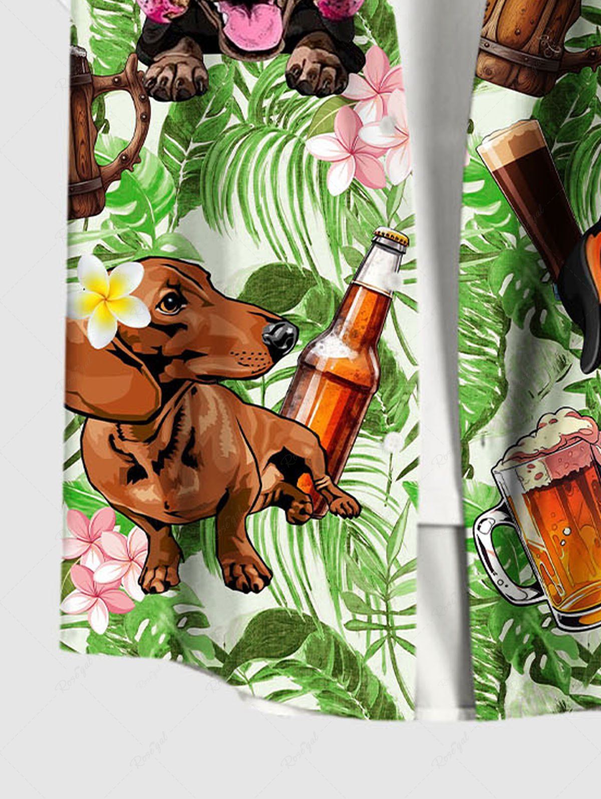 Plus Size Dogs Beer Hibiscus Flowers Tropical Leaf Print Buttons Pocket Hawaii Shirt For Men