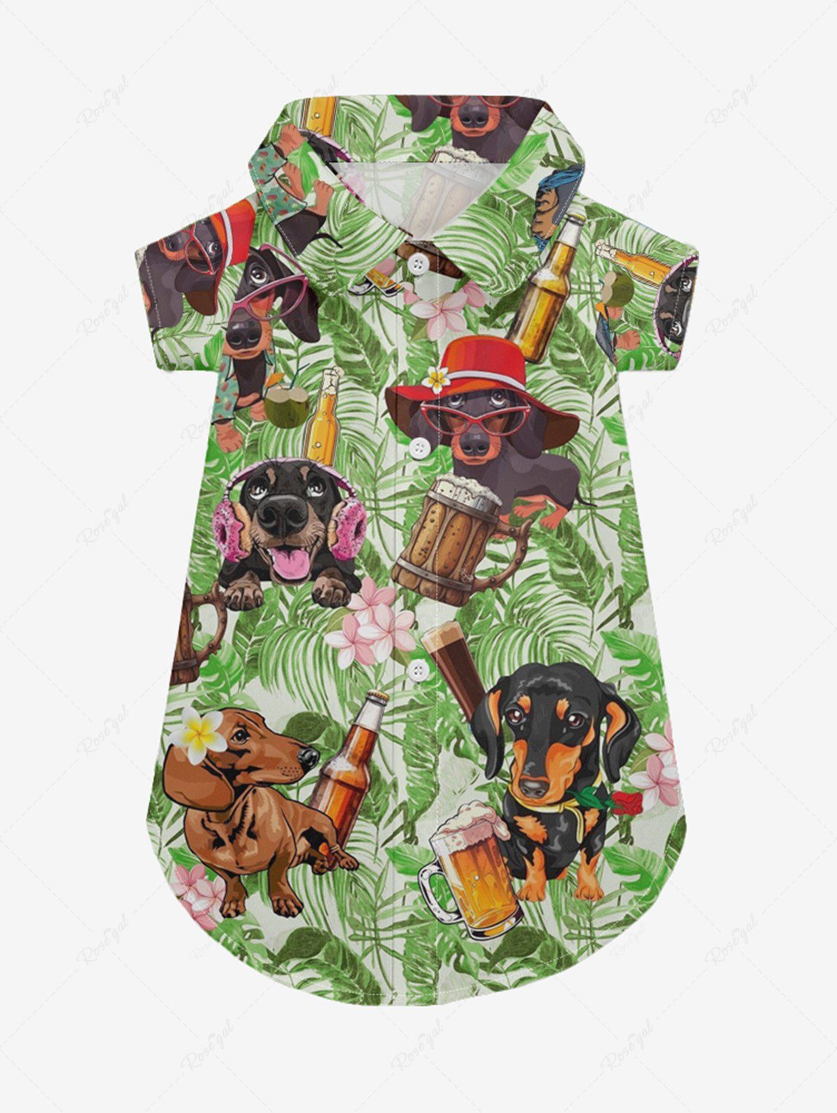 Pet's Dogs Beer Tropical Leaf Flowers Print Hawaii Shirt
