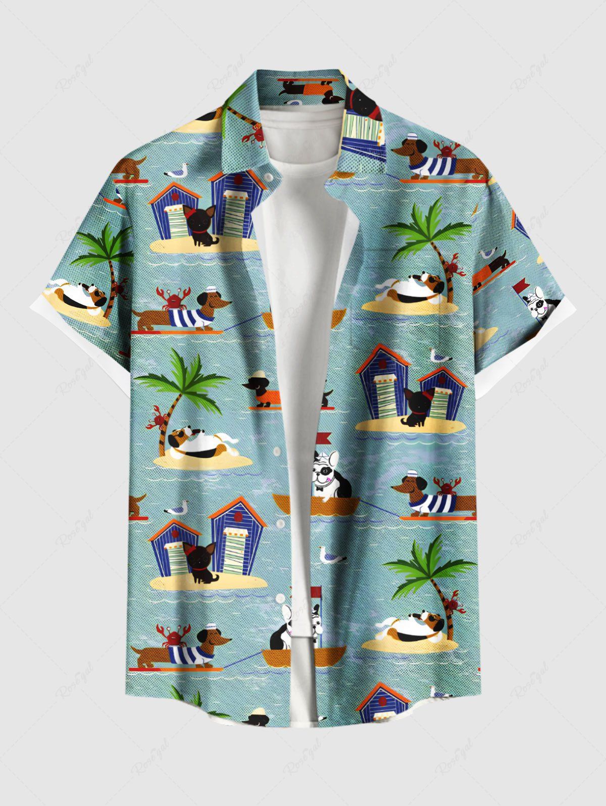 Plus Size Coconut Tree Seascape Dog Print Hawaii Button Pocket Shirt For Men