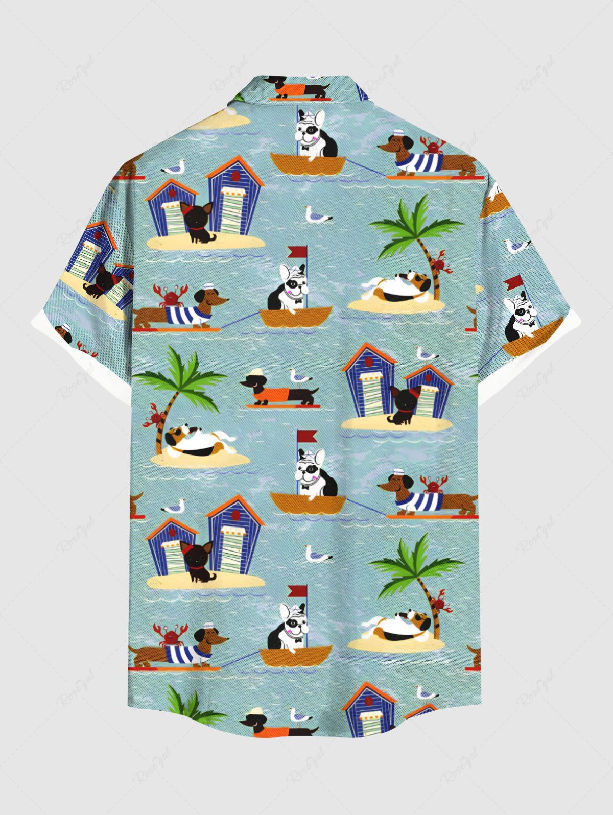 Plus Size Coconut Tree Seascape Dog Print Hawaii Button Pocket Shirt For Men