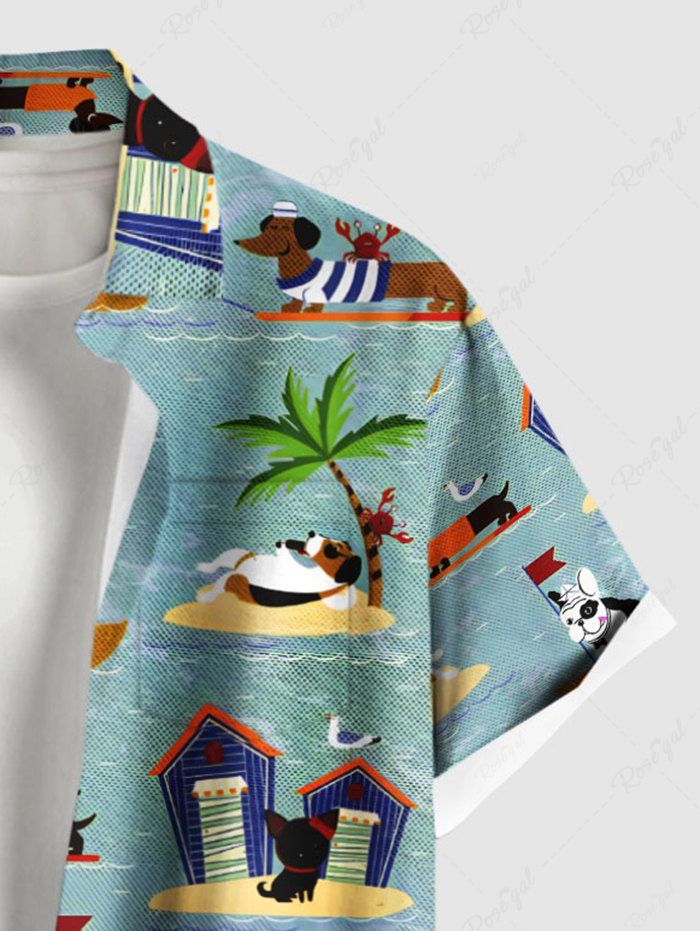 Plus Size Coconut Tree Seascape Dog Print Hawaii Button Pocket Shirt For Men