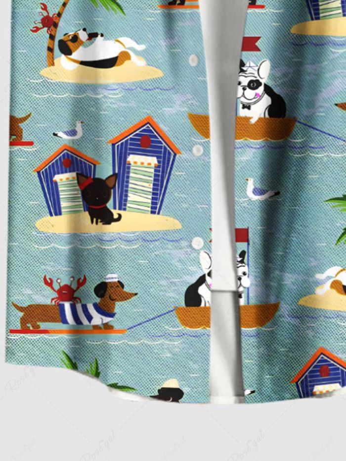Plus Size Coconut Tree Seascape Dog Print Hawaii Button Pocket Shirt For Men