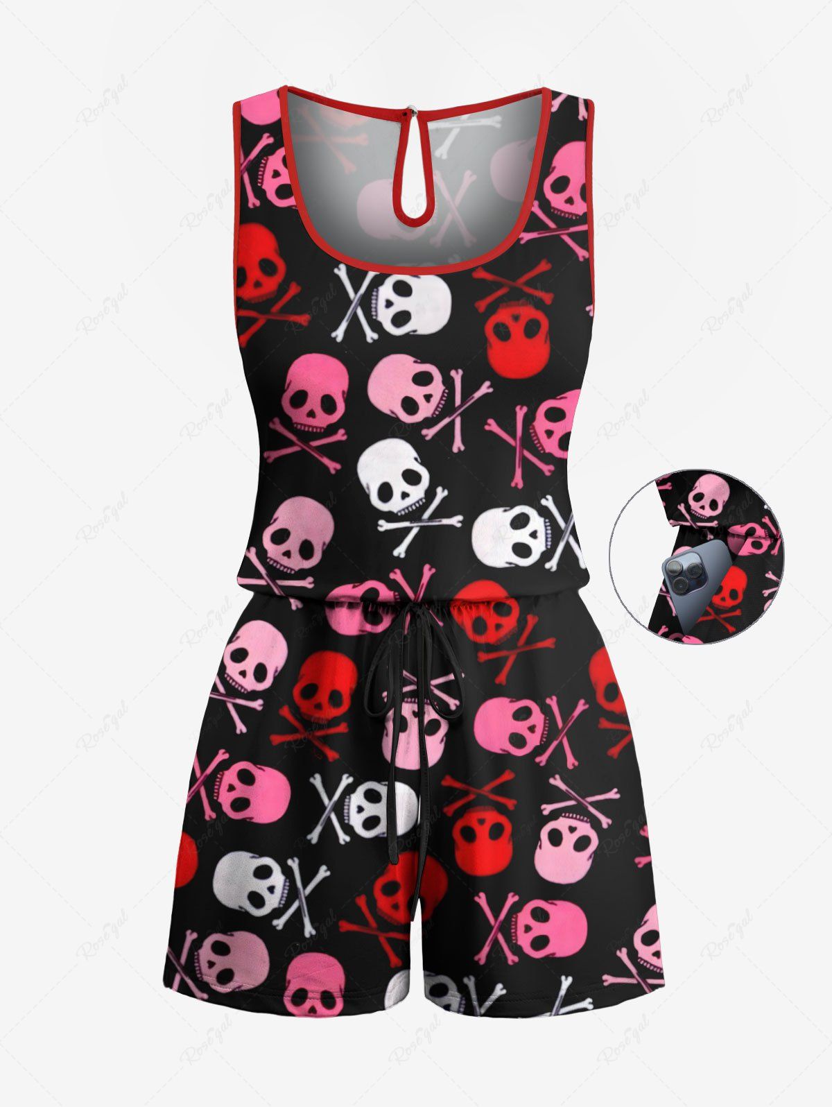 Plus Size Colorful Halloween Skull Bone Print Drawstring Pocket Romper