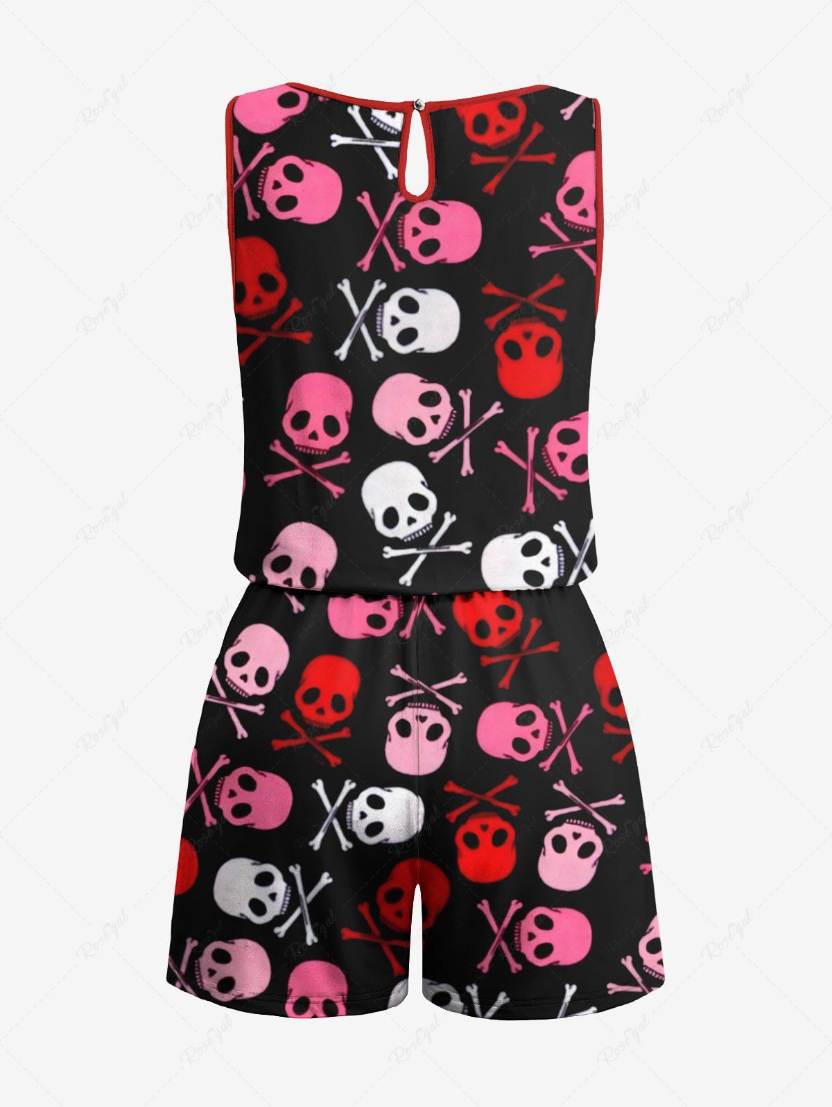 Plus Size Colorful Halloween Skull Bone Print Drawstring Pocket Romper