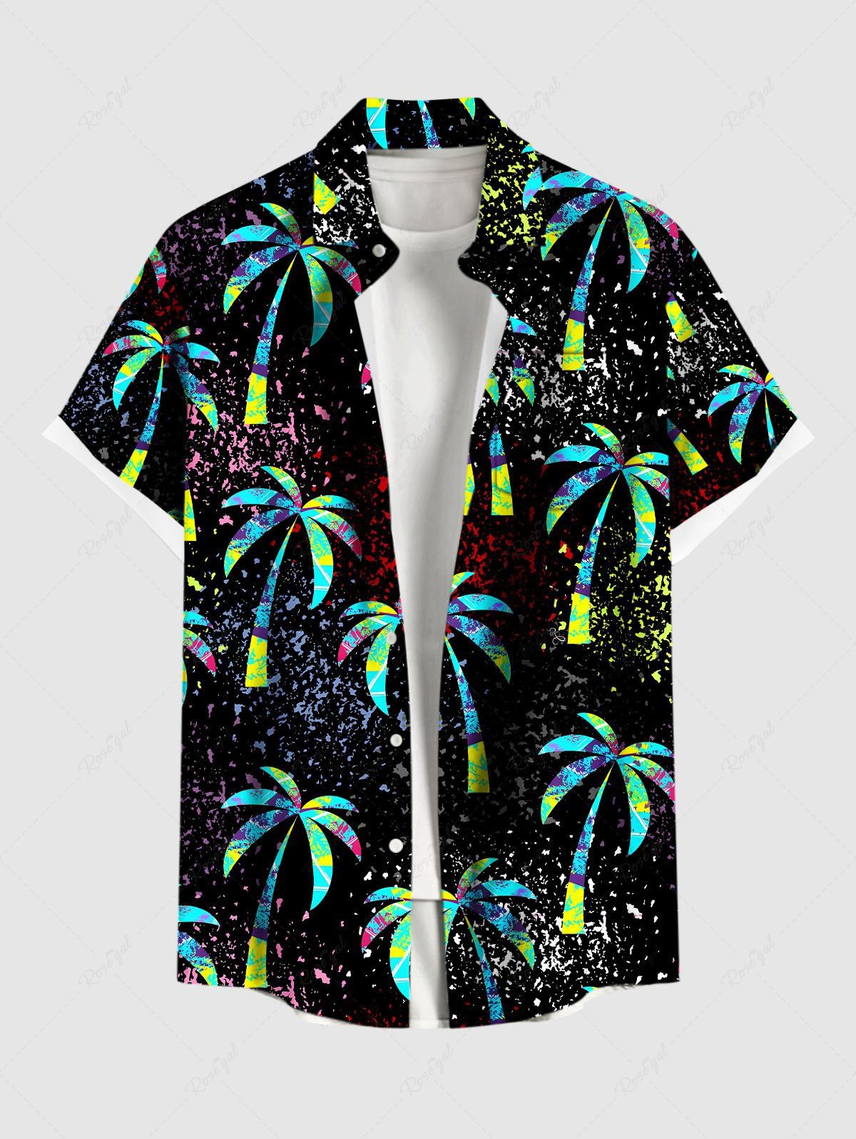 Plus Size Coconut Tree Paint Splatter Print Buttons Pocket Hawaii Shirt For Men