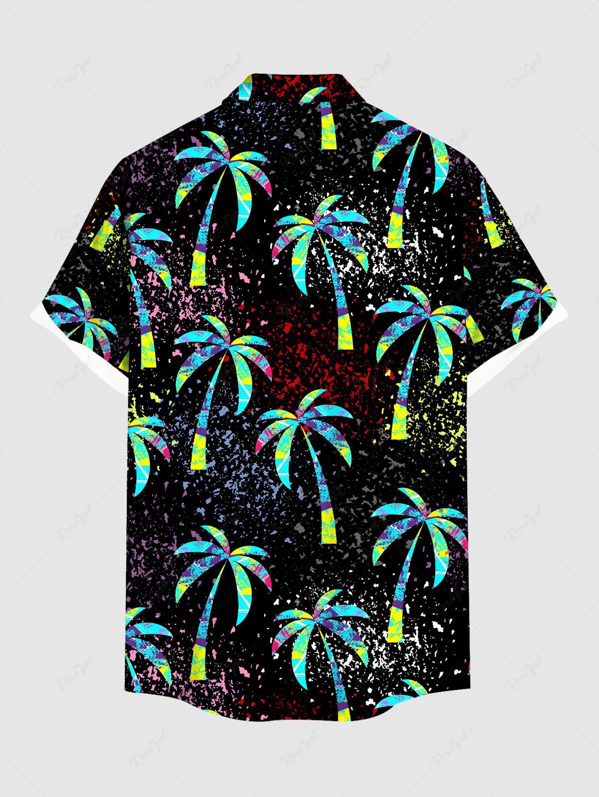 Plus Size Coconut Tree Paint Splatter Print Buttons Pocket Hawaii Shirt For Men
